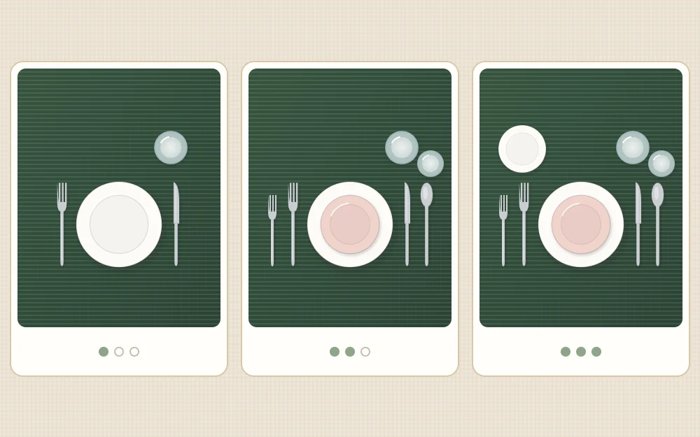 Three top-down place settings: an everyday setting, a dinner setting with salad plate and extra fork, and one with a bread plate