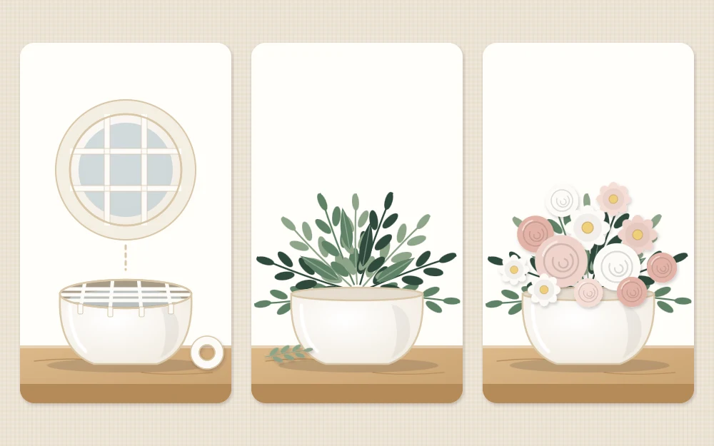 Three stages of a low vase arrangement: an empty wide vase with a tape grid, the vase with greenery fanned out, and the finished flowers