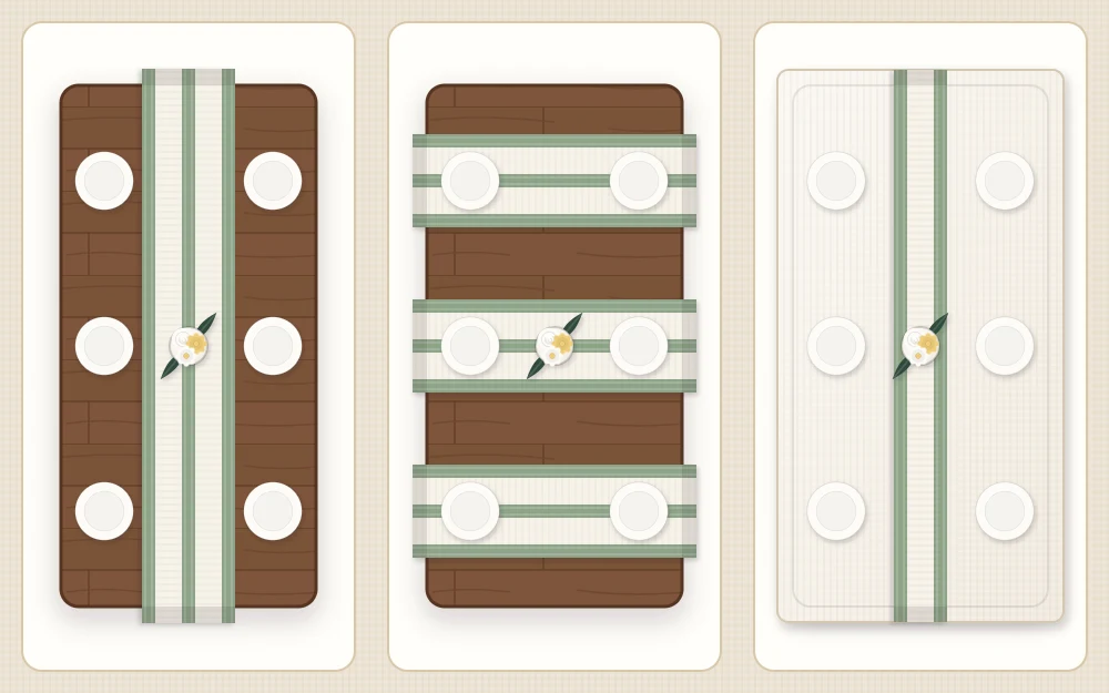 Three top-down views of one rectangular table: a runner down the center, three short runners across it, and a narrow runner over a tablecloth