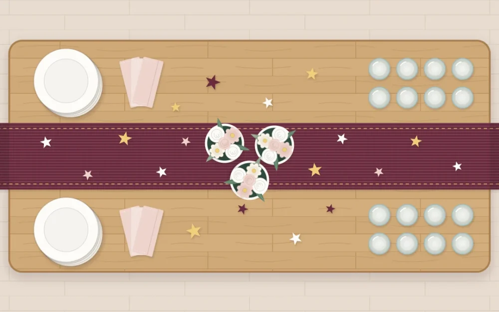 Top-down festive party table with a wine-colored runner, three small flower vases, scattered paper stars, stacked ivory plates and rows of glasses