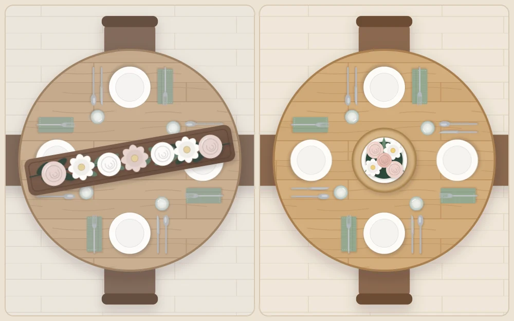Two round tables from above: a long arrangement blocking two settings beside a compact central cluster with four evenly spaced settings