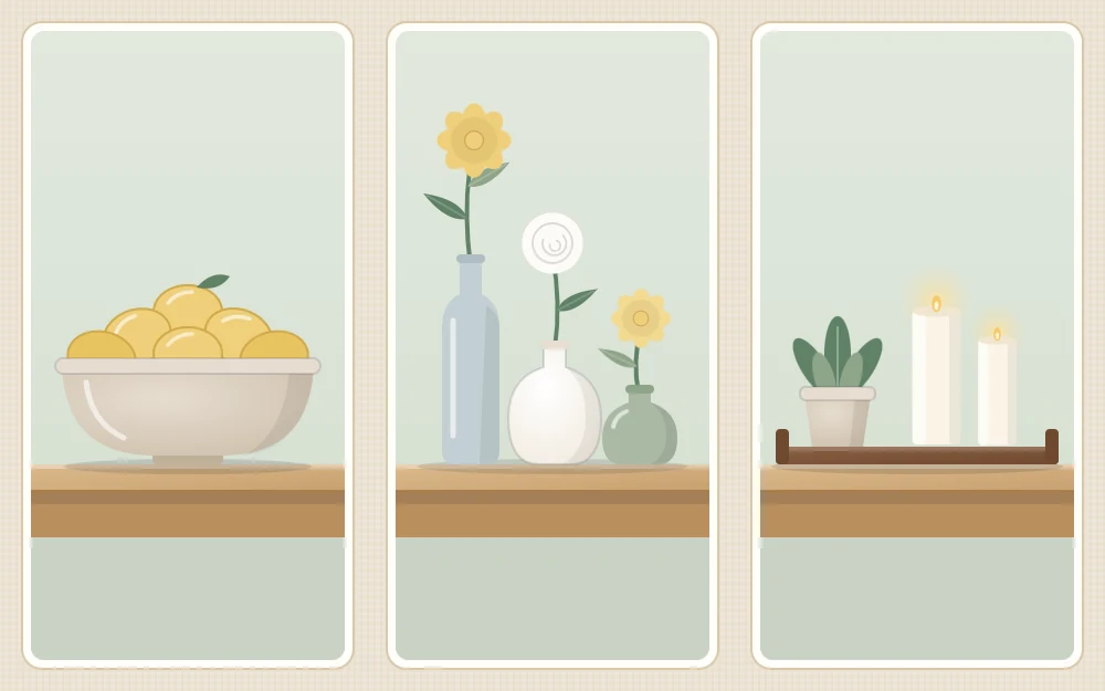 Three side views of centerpieces: a wide bowl of yellow fruit, three bud vases of different heights, and a tray with a plant and two flameless candles