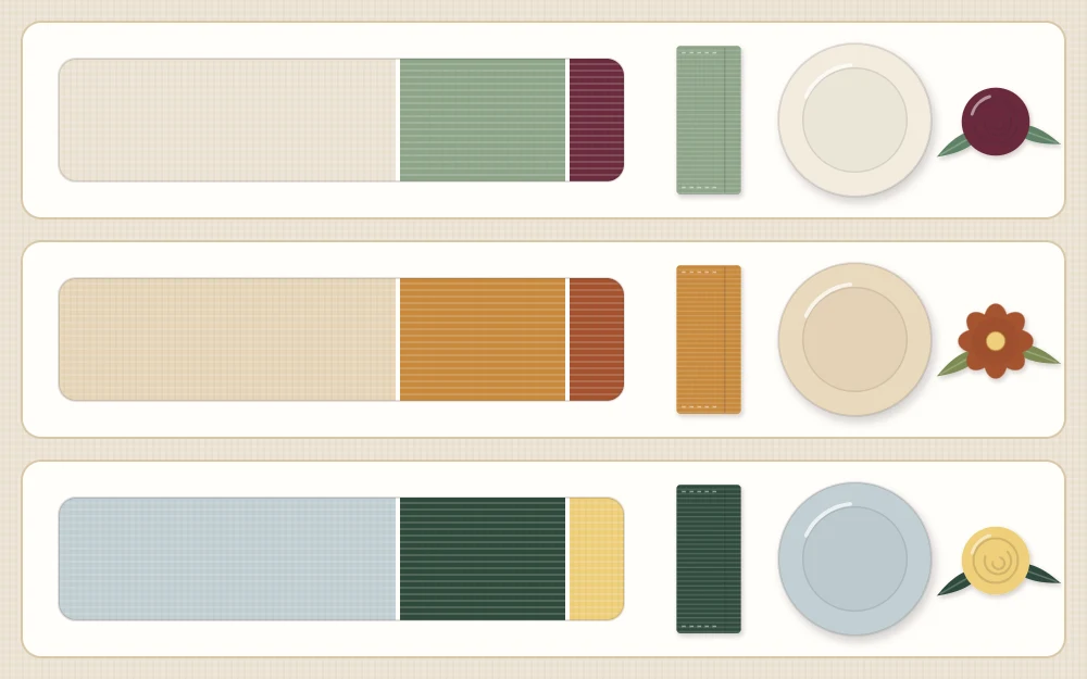 Three palette strips, each with a large light block, a medium block and a small accent block, beside a napkin, plate and flower