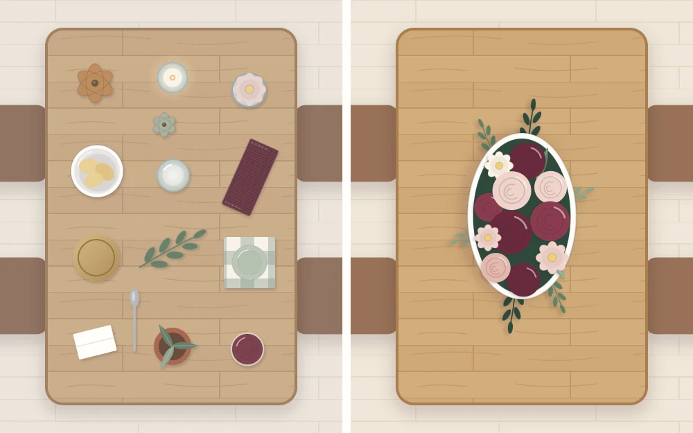 One table drawn twice from above: many small unrelated objects scattered evenly, then a single central arrangement with clear surface around it