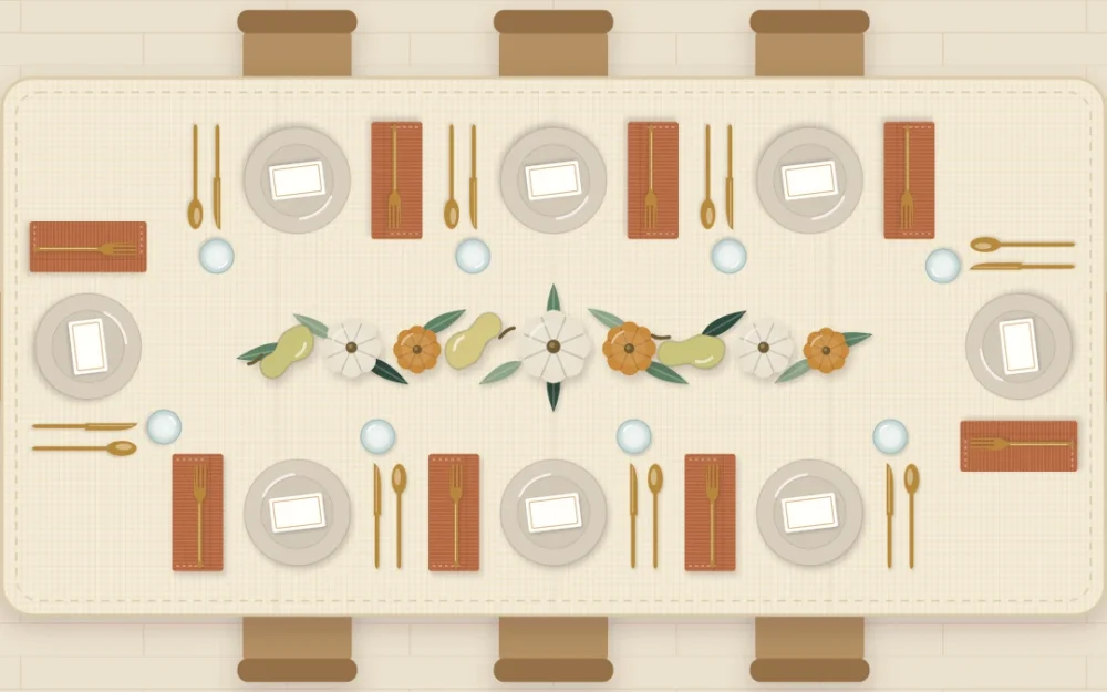 Top-down long Thanksgiving table for eight on a cream cloth with a narrow line of small pumpkins, leaves and pears, rust napkins and blank cards